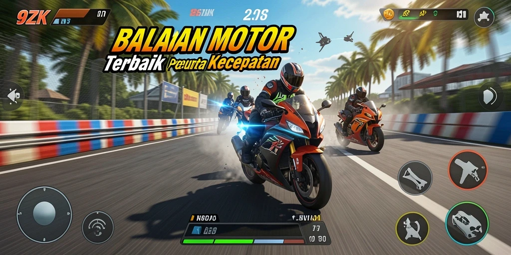 Screenshot gameplay 9ZK menampilkan aksi balapan motor yang mendebarkan.