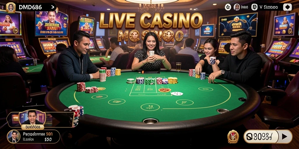 Screenshot DMD686 menampilkan dealer langsung yang mengelola permainan di Live Casino.