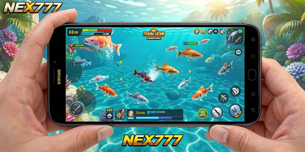 Gameplay seru NEX777 dengan berbagai ikan untuk ditangkap.