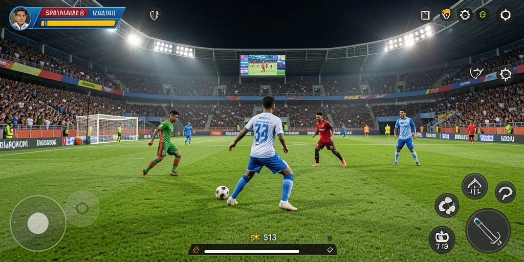 Gameplay seru dalam S13 menampilkan aksi sepak bola yang mendebarkan.