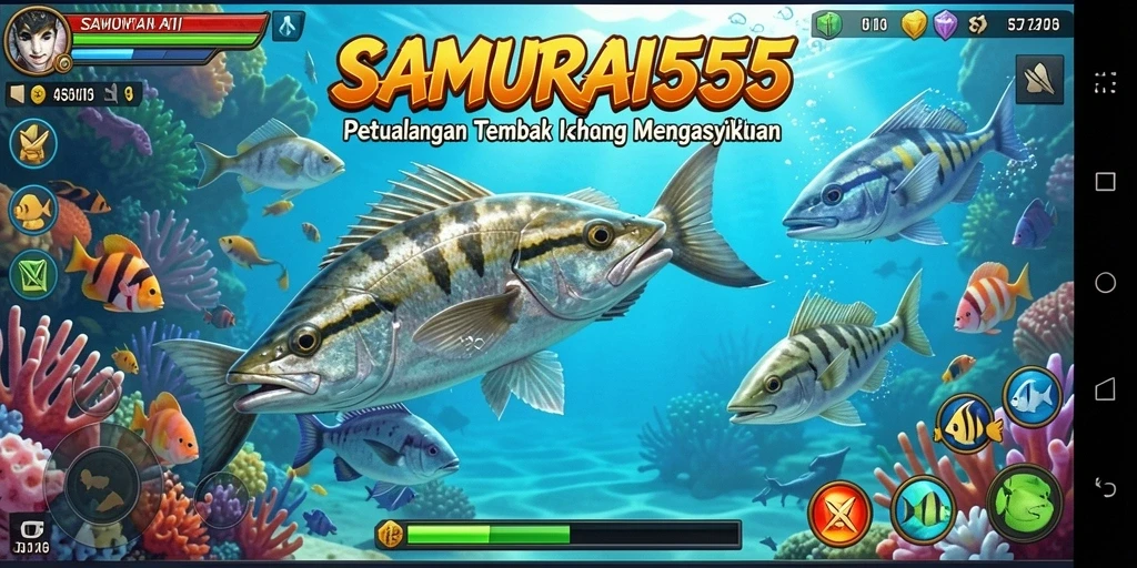 Screenshot gameplay SAMURAI555 menunjukkan aksi menembak ikan yang mendebarkan.