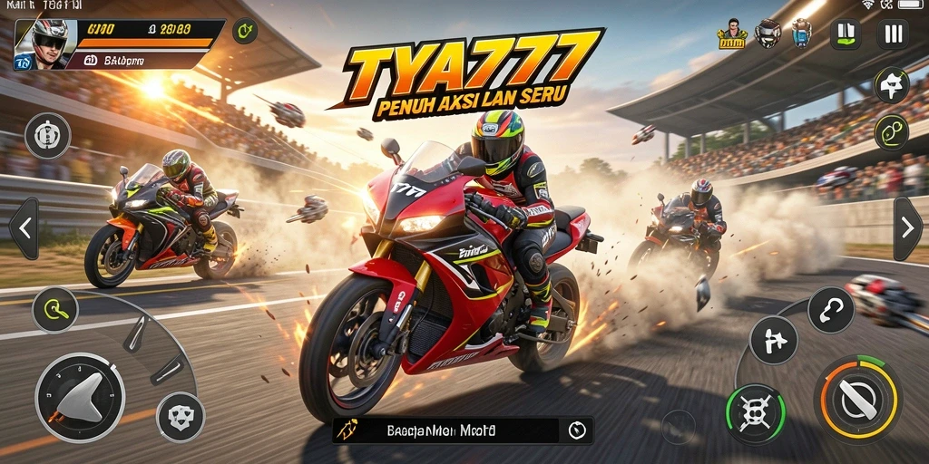 Gameplay seru TYA777 menampilkan aksi balapan motor yang cepat.